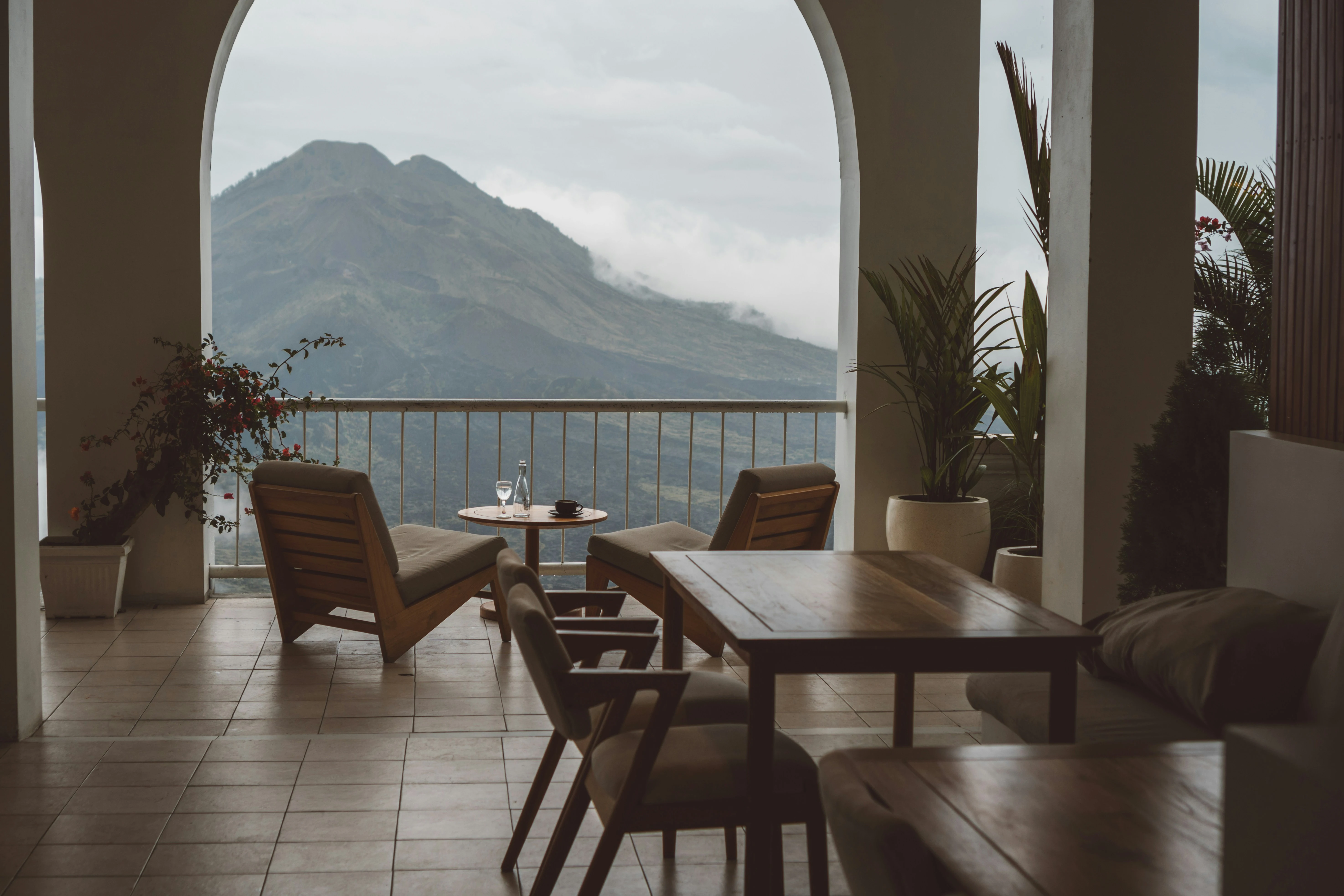 Mountain terrace restaurant with volcano view